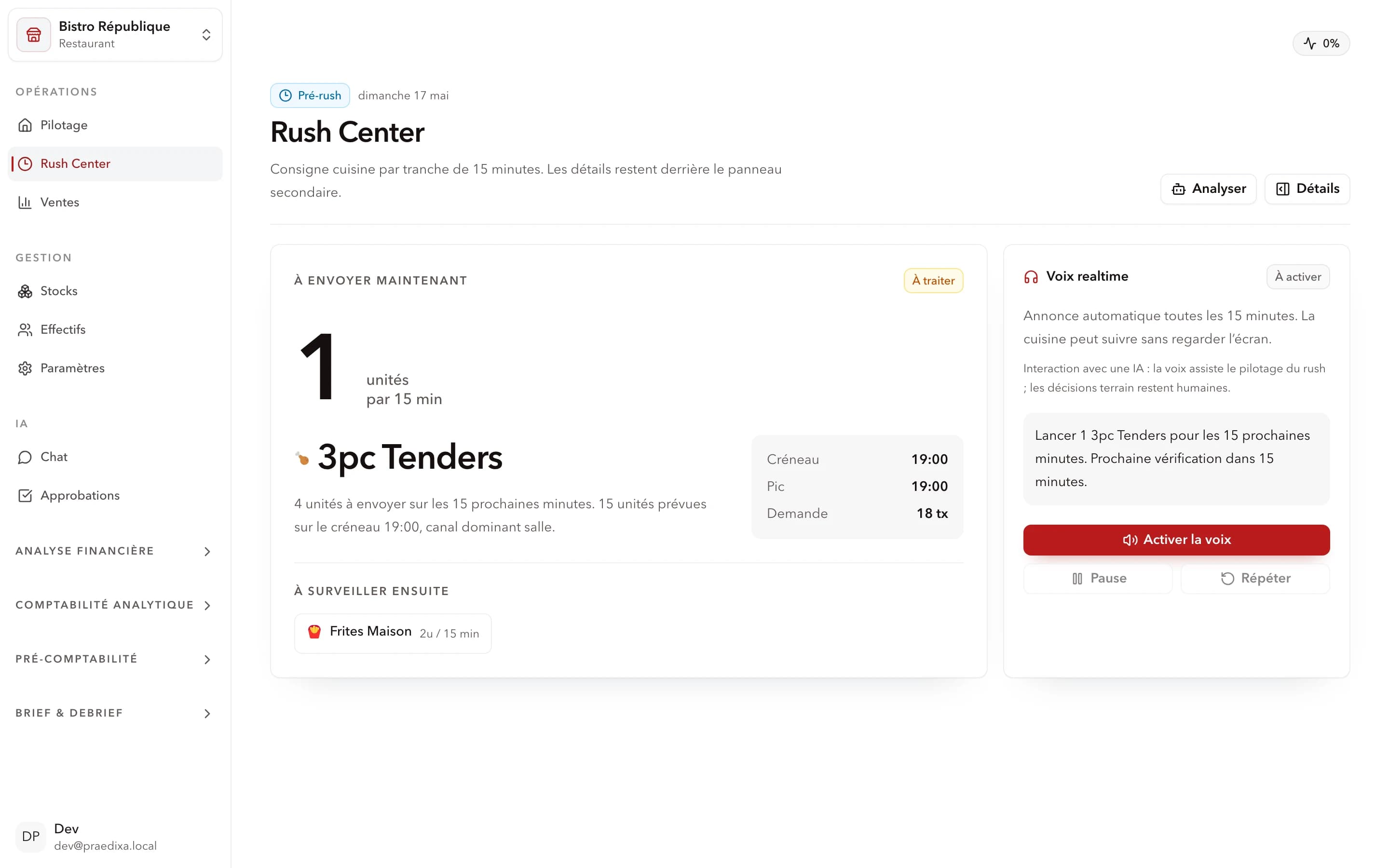 Rush Center Praedixa avec créneaux service, recommandations en temps réel et alertes terrain