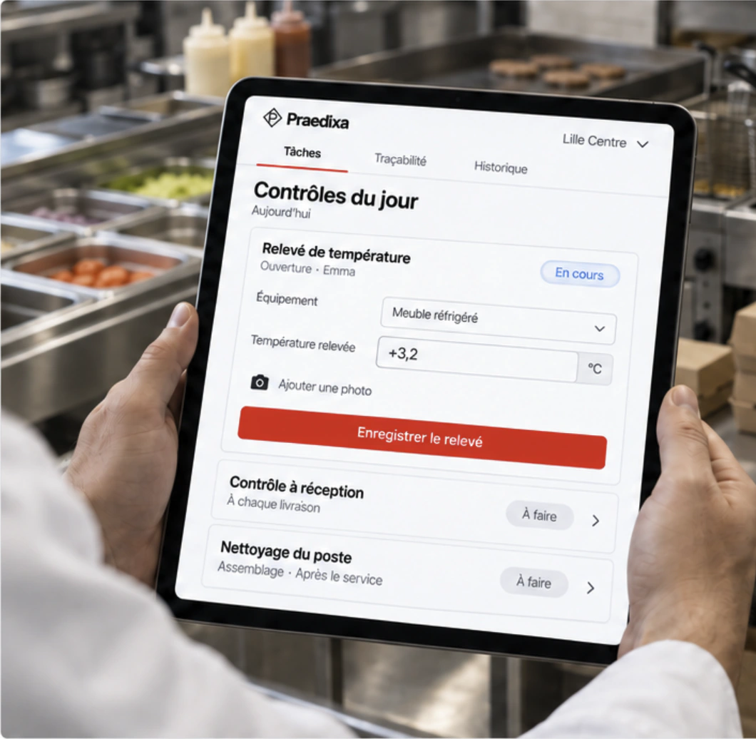 En cuisine, un équipier consulte les contrôles du jour sur une tablette Praedixa.